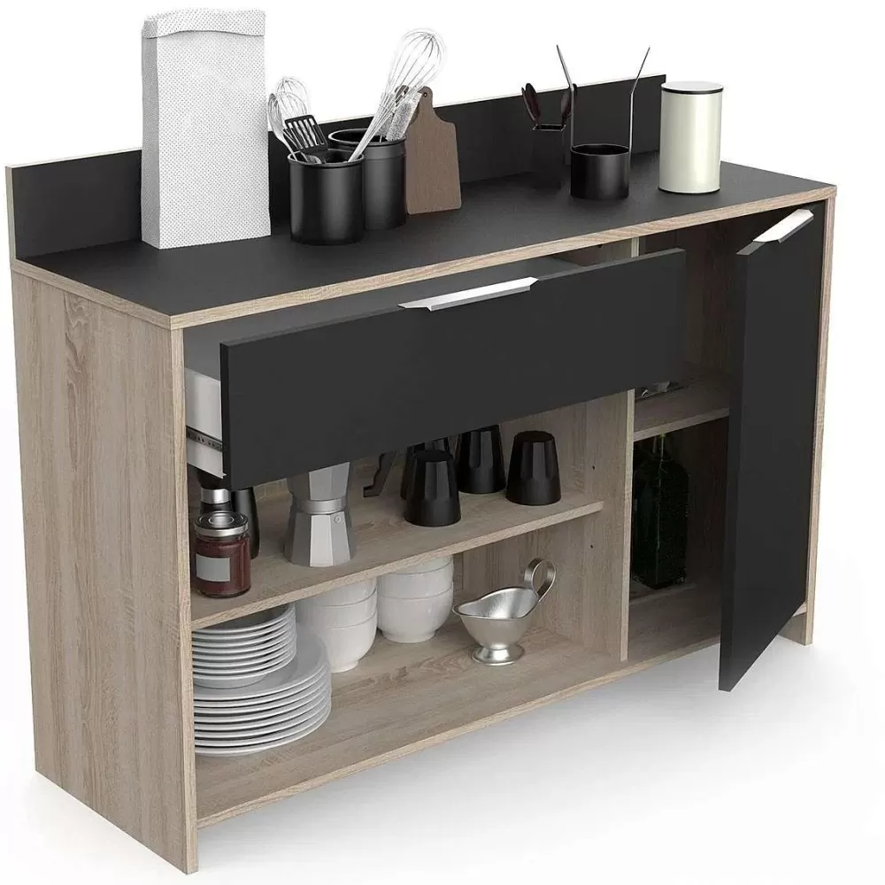 Buffet de cuisine design en bois ébène - 2 compartiments ouverts, porte coulissante et tiroir pratique - Style Mike