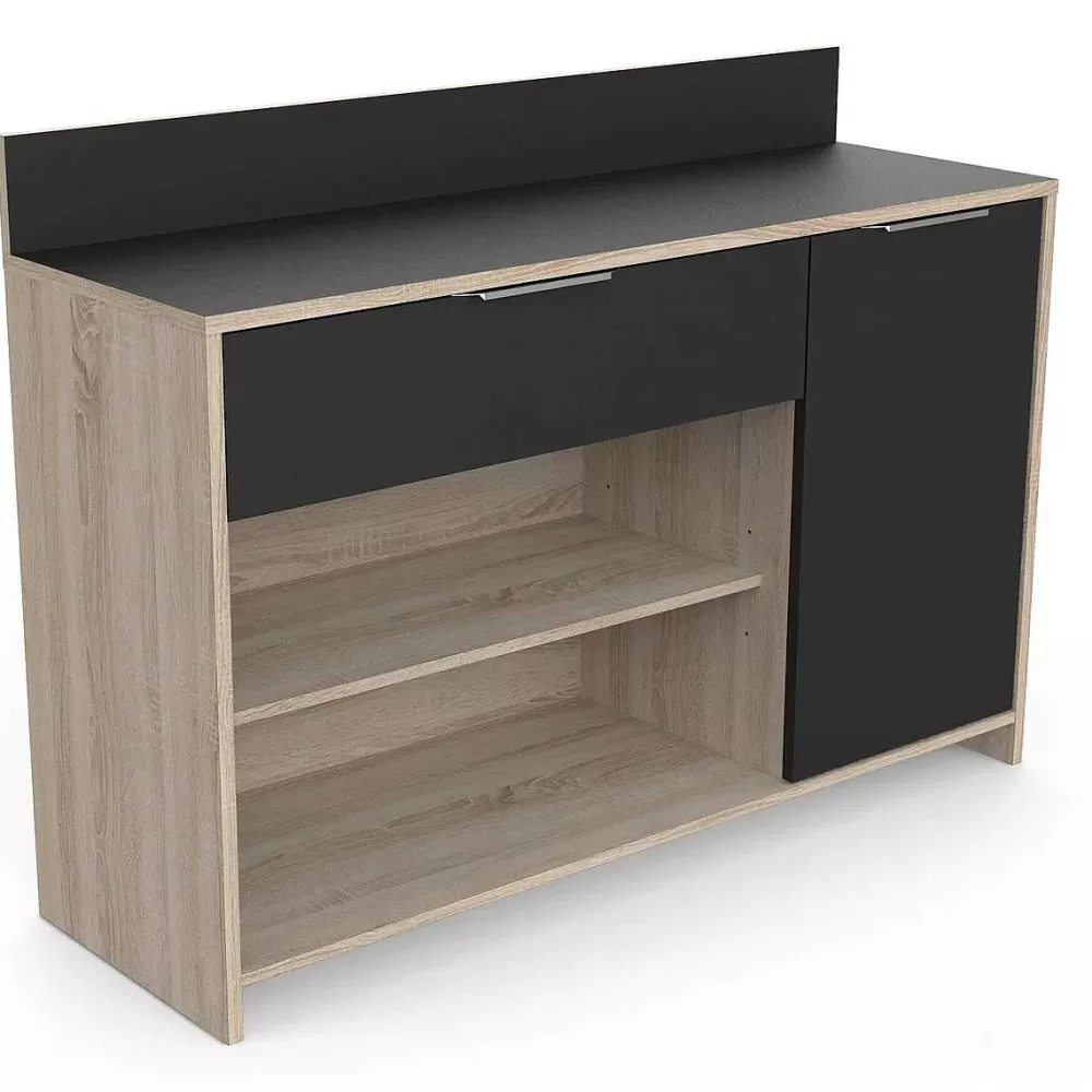 Buffet de cuisine design en bois ébène - 2 compartiments ouverts, porte coulissante et tiroir pratique - Style Mike