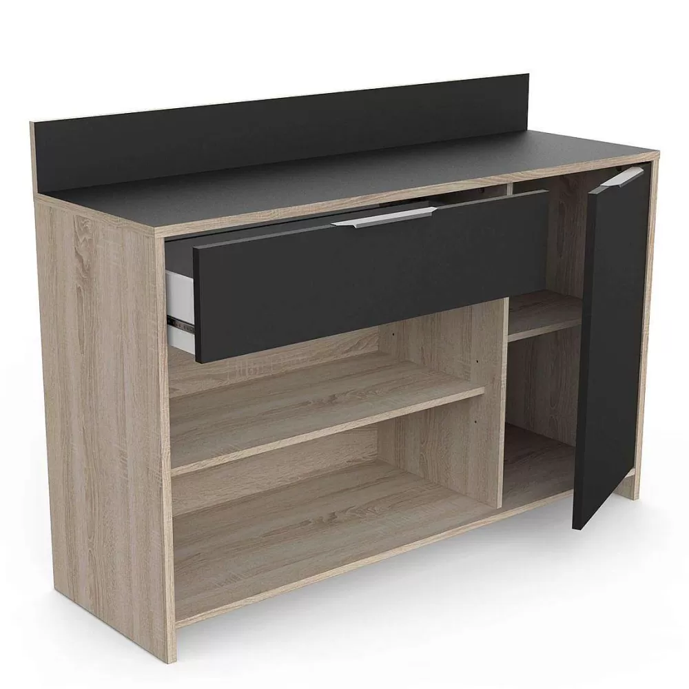 Buffet de cuisine design en bois ébène - 2 compartiments ouverts, porte coulissante et tiroir pratique - Style Mike