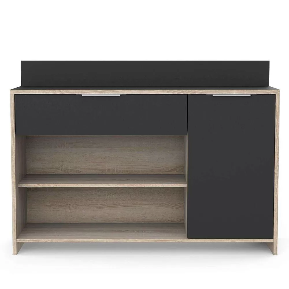 Buffet de cuisine design en bois ébène - 2 compartiments ouverts, porte coulissante et tiroir pratique - Style Mike