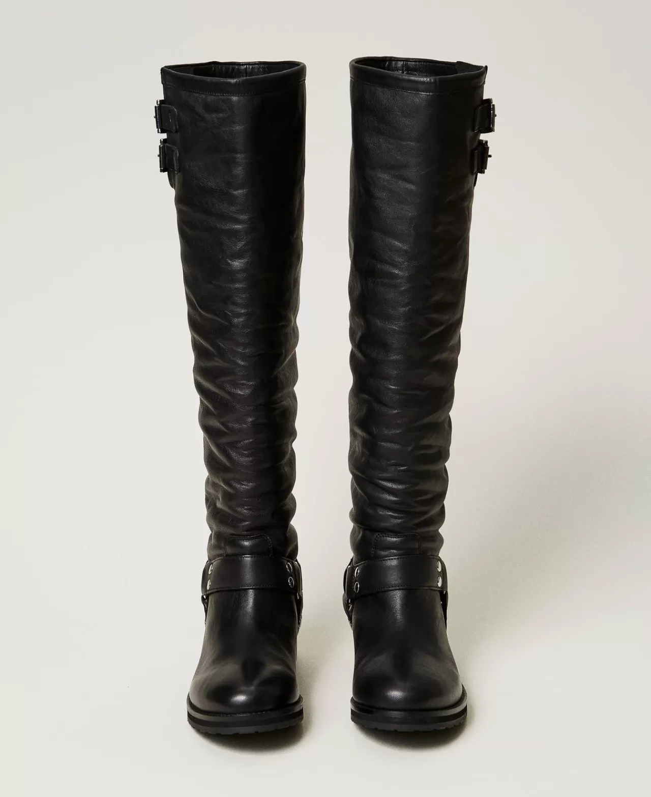 Bottes Hautes Darcy en Cuir Véritable avec Boucles Adjustables - Collection Élégante TWINSET Milano