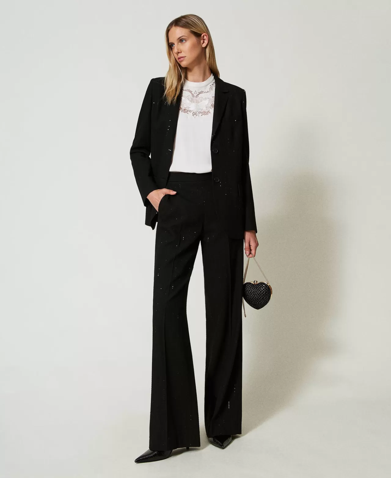 Pantalon Élégance Scintillante TWINSET Milano - Tissu Fluide Brodé de Paillettes pour Soirées

（：，