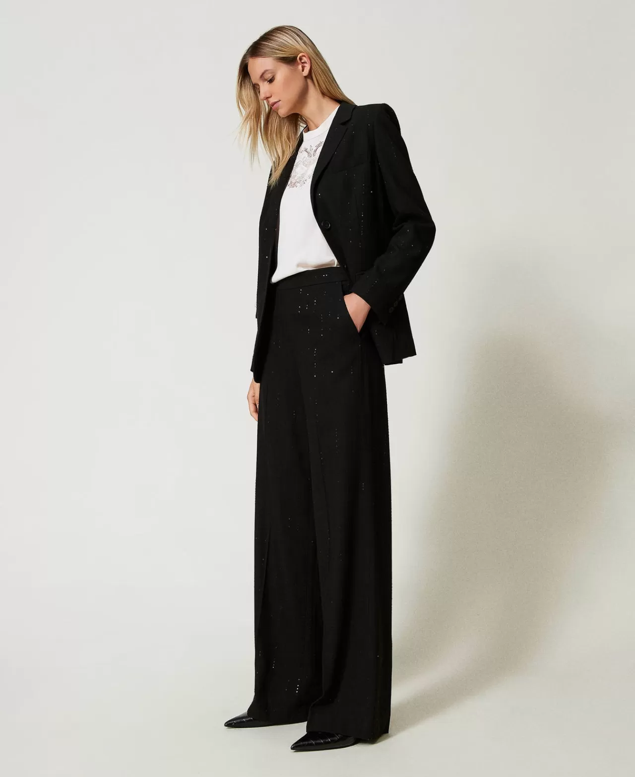 Pantalon Élégance Scintillante TWINSET Milano - Tissu Fluide Brodé de Paillettes pour Soirées

（：，