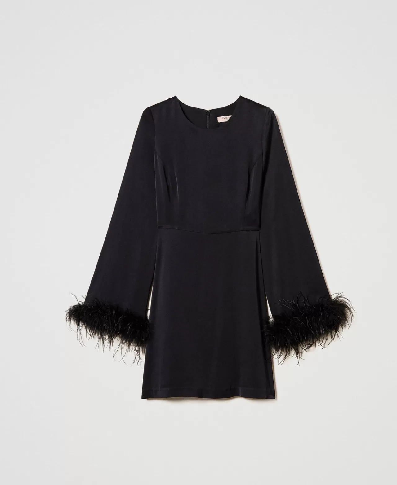 Twinset Milano - Robe courte en satin brillant à détails plumeux pour une silhouette féminine - Tendance printanière élégante pour les soirées