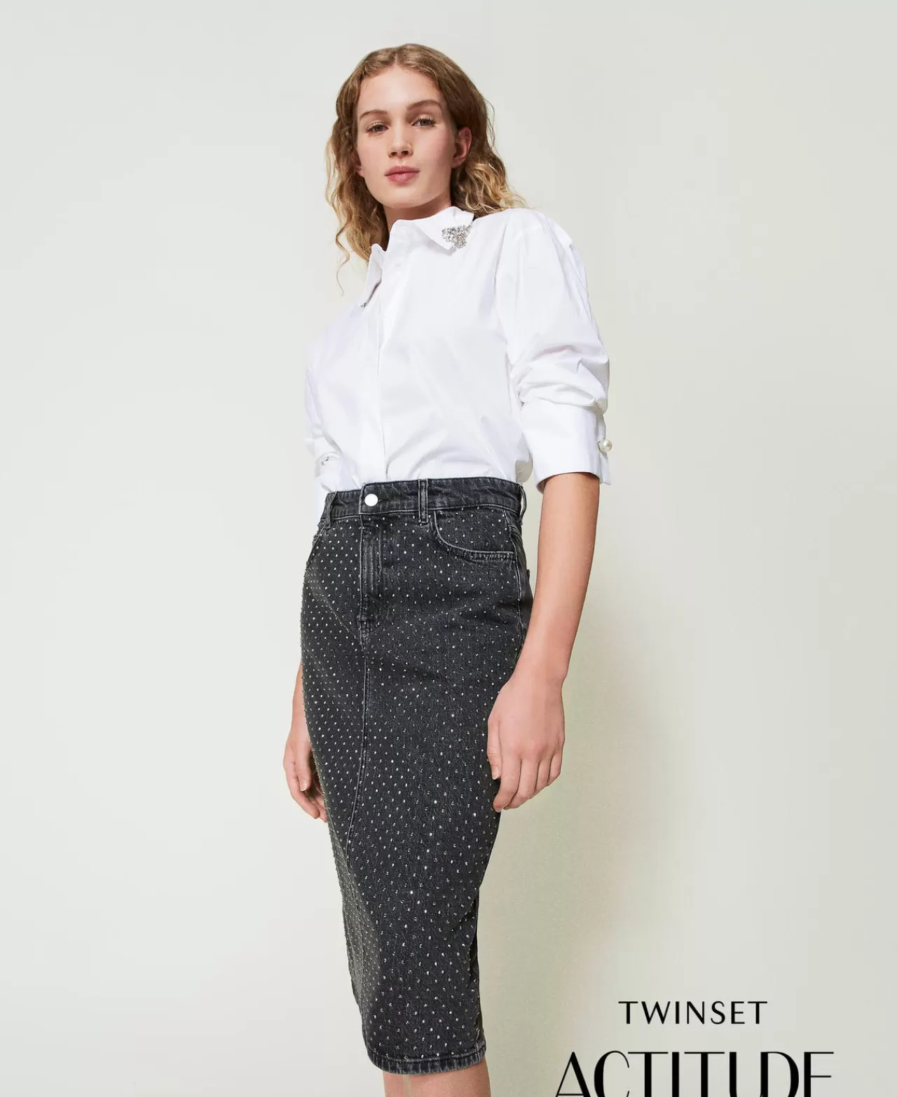 TWINSET Jupe Denim Mi-Longue Milano - Détails Strass Étincelants