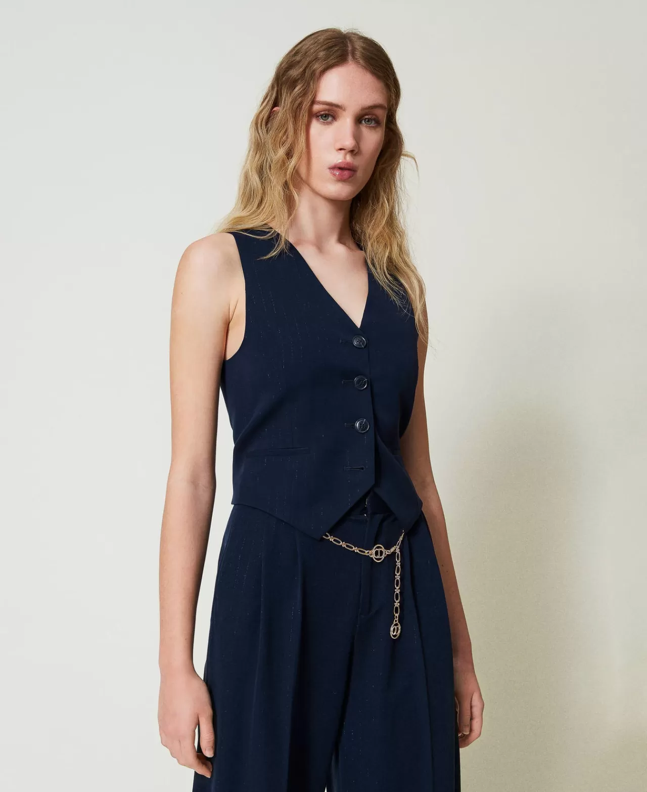 TWINSET Milano - Veste ajustée femme à rayures lumineuses Lurex, coupe structurée pour un style urbain raffiné