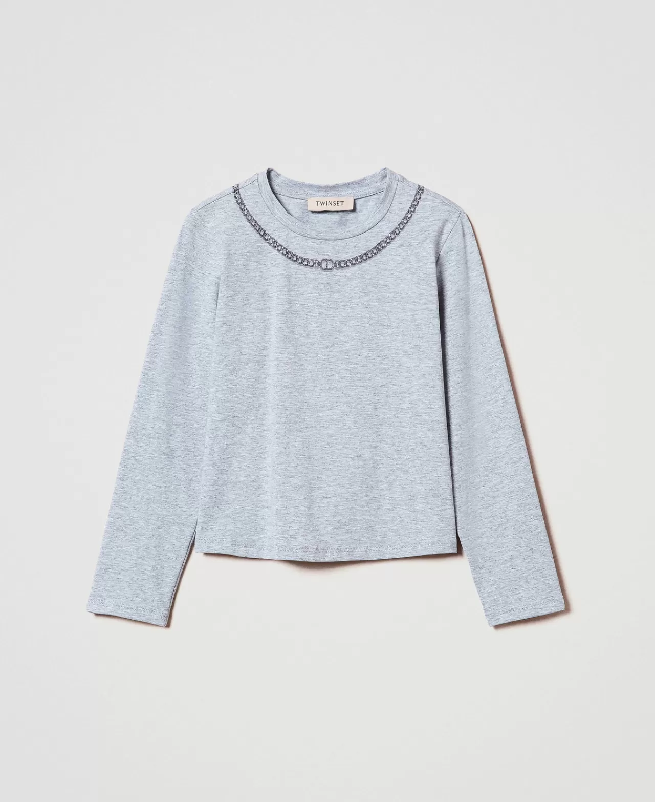 TWINSET Milan - T-Shirt Femme Décolleté avec Collier en Strass Brillant pour un Look Sophistiqué
